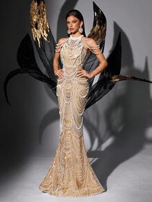 Luxury Handmade Beaded Sequin Backless Formal Dress, V-Neck - Champagne - View 4