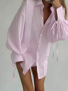 Stylowa bluzka z odkrytym przodem i przezroczystym kołnierzykiem, z rękawami typu latarnia, szykowna, lekka, tkana koszula na co dzień, randkę, imprezę, brunch, lotnisko, na każdą porę roku, wiosnę, lato, jesień i zimę