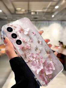 غطاء هاتف ناعم شفاف مزين بزهرة وفراشة وثيق التوافق مع هواتف سامسونج جالاكسي A04e/12/A13/A14/A34/A50/A52/A53/A54/S21/S22/S23/S24/S25/S25Ultra