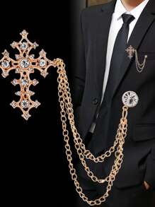 1pc New Lace Rhinestone Cross Brooch, Men's Personalized Chain Tassel Suit Lapel Pin Badge Office Accessories Shirts Jacket Jewelry Christmas Halloween