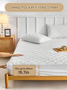 1pc Waterproof Fitted Sheet, Bedding, Stitch Fitted Sheet, Skin-Friendly Fitted Bed Sheet, Mattress Cover, Soft And Comfortable Bedding For Bedroom, 16 Inch Deep Pocket Cooling Breathable Quilted Fitted Sheet For Twin, Fits Twin/Full/King/Queen Size Bed, Festival Gifts, Room Decor, Soft Cover For Mattress Protector And Mattress Topper, Dustproof, Machine Washable, For All Season - 白色 - 查看 4