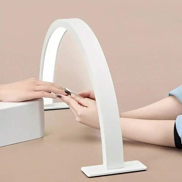 Lámpara LED para uñas con alimentación USB, regulable - Diseño semicircular blanco moderno, apta para manicura, extensión de pestañas, tatuaje y cuidado de la piel, base de aluminio pulido, funcionamiento inalámbrico, luz de maquillaje para uñas