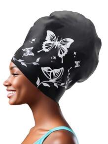 长发泳帽，男女通用，超大泳帽 - 优雅蝴蝶图案，防水硅胶泳帽，高弹力泳帽，适合编织发、脏辫、非洲风格编织假发