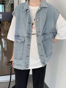 Las mujeres de mezclilla chaleco suelto fuera de desgaste versátil versión coreana de los hombros sin mangas ropa de trabajo chaqueta de mezclilla - Azul - Ver 5