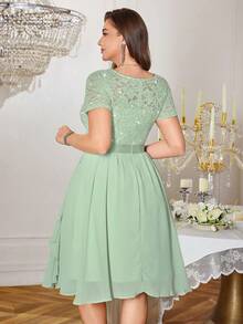 优雅 V 领亮片蕾丝撞色雪纺荷叶边鸡尾酒会摆裙 - 薄荷綠 - 查看 3