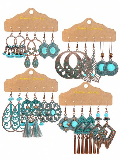TopHanqi 12 peças/3 peças Conjunto de Brincos Vintage Boêmios de Bronze Antigo para Mulheres, Brincos Pendentes Geométricos de Metal com Acabamento Verde Desgastado, Adequado para Uso Diário, Reuniões, Transporte, Encontros, Festas, Todas as Estações