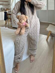 1pc Women's Hooded Fluffy Jumpsuit With Ears, Heart Pattern, Solid Color, Cute, Comfortable, Warm, Suitable For Autumn/Winter, Cozy Outfits - Camel - View 4