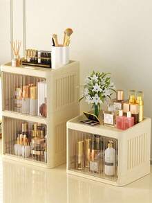 多功能组装可折叠桌面双门化妆品收纳盒，大容量防水防尘塑料收纳盒，大尺寸可放梳妆台，美甲工具、指甲油、胶水收纳架，适用于浴室梳妆台，用于存放口红、刷子、乳液、眼影等浴室配件