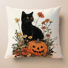 1pc Halloween Black Cat & Pumpkin Illustration Cushion Cover, Soft Peach Velvet Material, 45*45CM Pillow Case Suitable For Room Decor, Indoor Living Room Sofa Decor, Party Decoration, Decorative Pillow Cover Gift