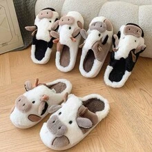 Dép đi trong nhà hình động vật ấm áp dành cho nữ - Dép đi trong nhà hình con bò dễ thương bằng vải cotton ấm áp, Giày đi trong nhà theo chủ đề động vật, Dép đi trong nhà ấm áp mùa đông đế dày mềm mại, dùng trong nhà và ngoài trời - màu đen - Xem 6