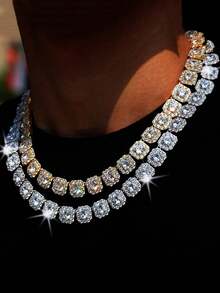 1pc Hip Hop Fashion Cuban Link Necklace With Sparkling Rhinestones Hip Hop Necklace Men's Jewelry Gift - Square - View 1