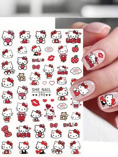 Sanrio 6PCS Sanrio For Hello Kitty 3D Nail Art Stickers - Cute Cartoon Design, Glossy Finish, Self-Adhesive Plastic Decals For DIY Nail Art & Gifts, Perfect For Valentine'S Day, Party Decorations, And More, Nail Art Decor | Cartoon Character Decor | Glossy Finish Stickers, For Hello Kitty Accessories