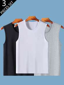 3pcs Men's Sleeveless T-Shirt Undershirt, Solid Black/White/Grey, Crew Neck, Wide Shoulder, Thin Fabric, Sports & Fitness Wear