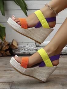 大码女式坡跟厚底凉鞋，欧美跨境大码坡跟凉鞋，绳编厚底时尚高跟凉鞋，厚底套脚高跟凉鞋 - 黃色 - 查看 3