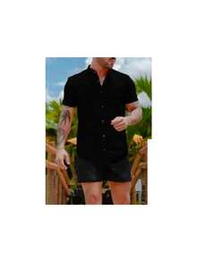 Camisa Masculina Viscolinho Manga curta - Preto - Visão 2