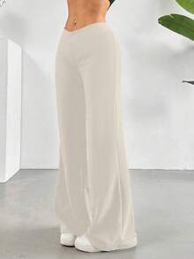 净色高腰喇叭直筒裤 - 杏色 - 查看 2