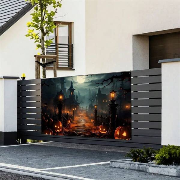 Halloween Garage Door Cover Decoration, Fabric Haunted House Scene With Pumpkins, Easy To Install Outdoor Holiday Decor, With 4 Metal Rings