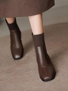 2025 Spring/Autumn New Arrival Elastic Sock Boots, Flat Heel Ankle Boots, British Style, Ankle Boots & Booties, Fall, Winter - Brown - View 6