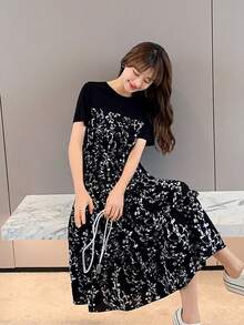 Fake dos piezas versión coreana del vestido floral de verano de moda femenina suelta empalme delgado en la sección larga de manga corta pequeño vestido negro sub - Negro - Ver 9