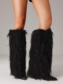 Y2K Style EdgyElongate Women's Winter Furry Snow Boots Women's Knee High Boots Faux Fur Shoes Pointy Toe Chunky Heel Cowboy Fashion Warm Fluffy Shoes - 黑色 - 查看 7