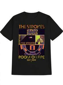 Men's Casual Round Neck T-Shirt With Colorful Mosaic Print The Strokes - 'Room On Fire' Design, Soft Stretch Material, Perfect Summer, Everyday T-Shirt| Graphic T-Shirt| Pohodlný Střih, The Strokes Merchandise - 黑色 - 查看 1