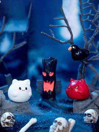 Set de 4 piezas de decoración de Halloween, árbol de terror, fantasma, demonio, artesanías de cuervo de resina, decoraciones DIY, adornos de escritorio