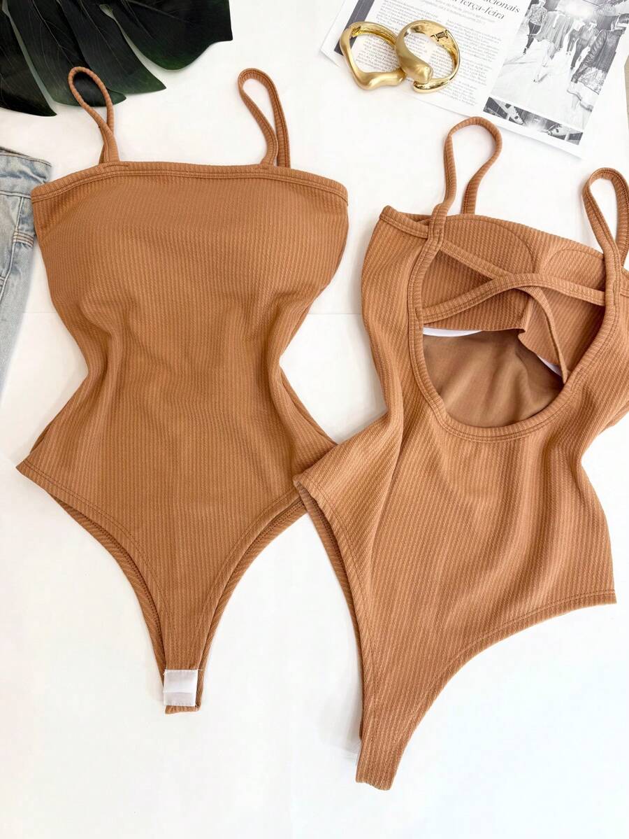 Women's Bodysuit With Braided Straps, Anarruga Fashion Blogger - Beige - View 1
