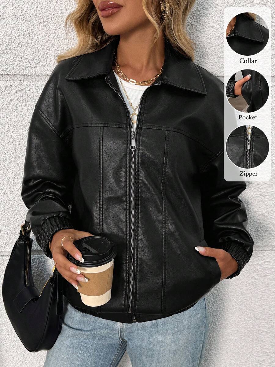 Women's Faux Leather Oversized Motorcycle Bomber Jacket, Fashionable Riding & Street Wear