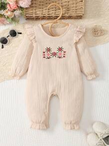 MommBaby MommBaby Infant Girls' Solid Color 100% Cotton Ruched Button Front Long Sleeve Romper With Footed Legs, Casual Outfit For Spring & Autumn