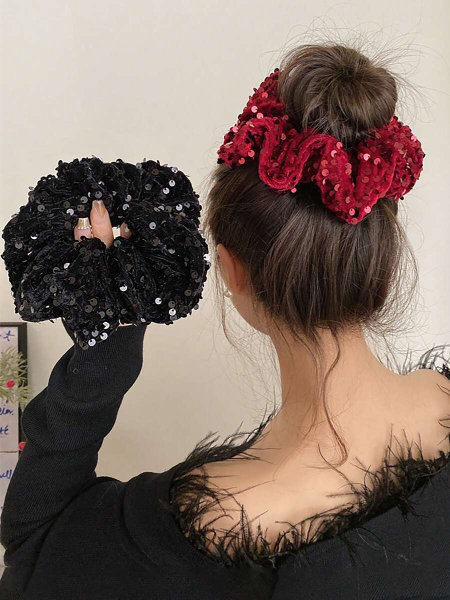 1pc Large Black Hair Scrunchie With Vintage Red Sequins, Hair Tie And Hair Accessories For High-End Feel Scrunchies Scrunchy Hair Ties Ponytail Head Accessories Elastic Band Hair Rubber Bands - 1 Item - View 1