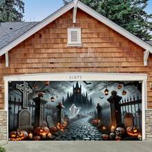 1 Stück lebendiges Halloween Garagentor Cover Banner - Spukhaus Thema Vinyl Kulisse für Gartenparty Dekoration, Große 180x400cm 2D Dekoration