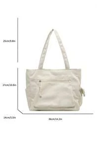 1个字母贴布装饰纯色大容量灯芯绒单肩手提包，多口袋购物袋，适合上学、大学必备，完美搭配女士秋季服装