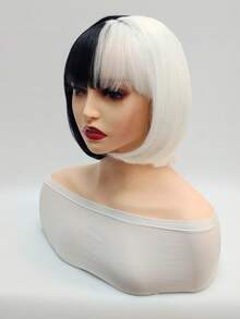 黑白半假发：这款引人注目、优雅的波波头假发将为您的装扮增添光彩，打造梦幻之夜。 - 黑與白 - 查看 3