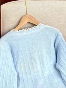 Wixra Wixra Sweet Collegiate Style Cardigan With Lace Patchwork V-Neck Design, Embroidered Single-Breasted Knit Top For Ladies