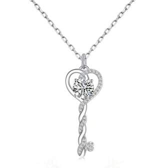 1pc Elegant 1 Carat Moissanite Key Pendant Necklace, Lab Created D Color VVS1 Clarity Round Moissanite, Luxury S925 Sterling Silver Plated White Gold Key Pendant Necklace For Women, Jewelry Gift
