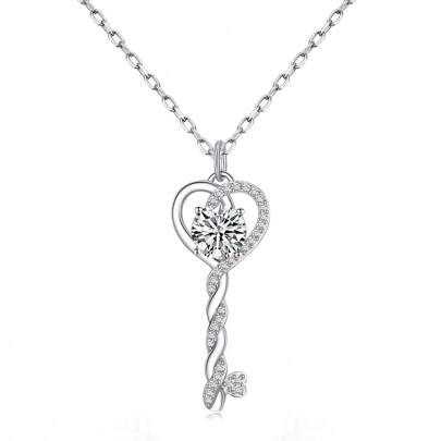 1 pièce Élégant 1 carat Pendentif collier clé en moissanite, moissanite ronde de couleur D et de clarté VVS1 créée en laboratoire, pendentif clé en argent sterling 925 plaqué or blanc de luxe pour femmes, cadeau de bijoux
