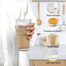 2 PCS Drinking Glass Sets With Straws And Lids, Contain 2 Glass Cups, 2 Lids, 2 Straws And Brush, Best For Iced Coffee, BOBA, DIY Drinking, Great Gift For Helloween, Christmas, Thanks Giving - 白色 - 查看 9
