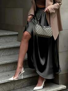 Elegant High-Waisted Satin Satin Skirt - Black - View 2