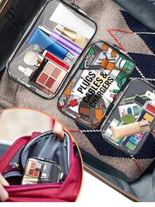 新品上市！多功能充电器旅行收纳包 - 透明洗漱包，旅行必备，便携式拉链旅行化妆包，沙滩透明PVC洗漱包，防水收纳袋，透明整理包，线缆USB收纳包，机场安检PVC化妆包，可收纳充电器、数据线和移动电源 - 彩色 - 查看 5