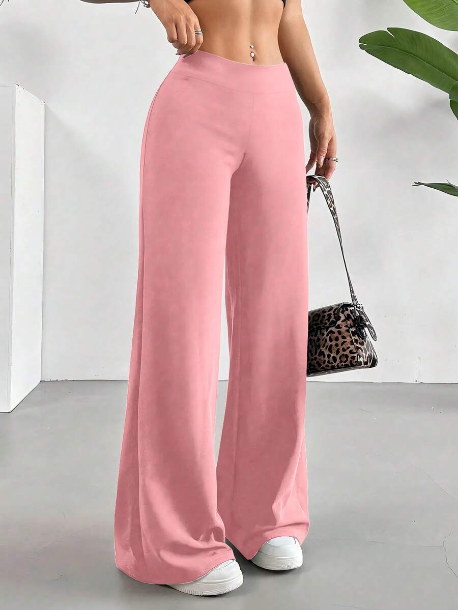 Casual Versatile Solid Color Wide Leg Long Pants - Pink - View 1