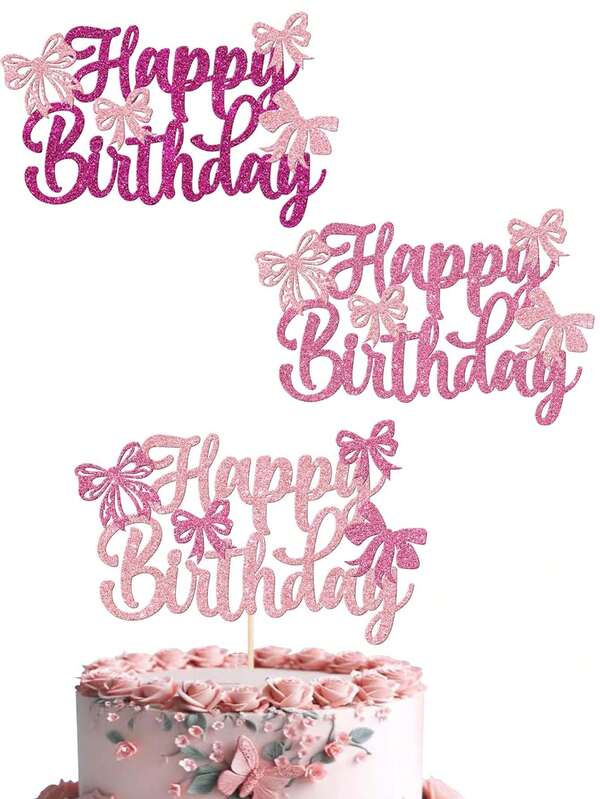 زينة حامل كعكة عيد ميلاد بشكل الفيونكة مع 4 فيونكات وردية مجدولة، لافتة كعكة فيونكة وردية لامعة زينة لحفلة عيد ميلاد بطراز الفيونكة