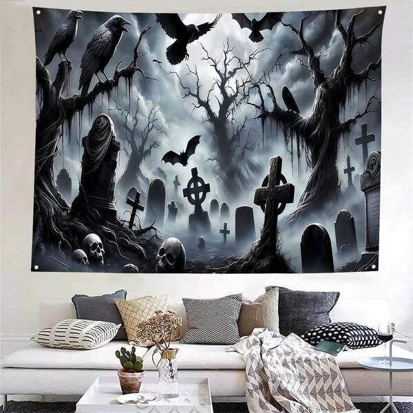Halloween Garage Banner - Made Of Polyester Fabric, Multipurpose, Decorated With Skulls, Crows, Bare Trees For Home Wall, Yard Decor