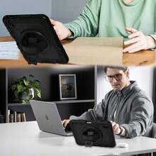 1 个库存保护套兼容 iPad 第 10/9/8/7/6/5/4 代 8.3'' 10.9/11''/ 9.7''、iPad 11(A16 2025) iPad (A16) 11 英寸第 11 代 2025 Galaxy Tab A8 10.5 英寸 2022 带 PET 薄膜 iPad Pro/Air6/Air7 11 2018/2020/2021/2022/2024/2025 防震保护套带铅笔架 [360° 旋转手带] 和支架 - 黑色(附黑色肩帶) - 查看 12