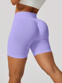NcmRyu 1pc Solid Color Seamless Stretchy Shapewear Shorts Quick Dry Breathable Tight Shorts For Running Workout And Training Spring Summer Conjunto Deportivo Mujer - Màu tím - Xem 4