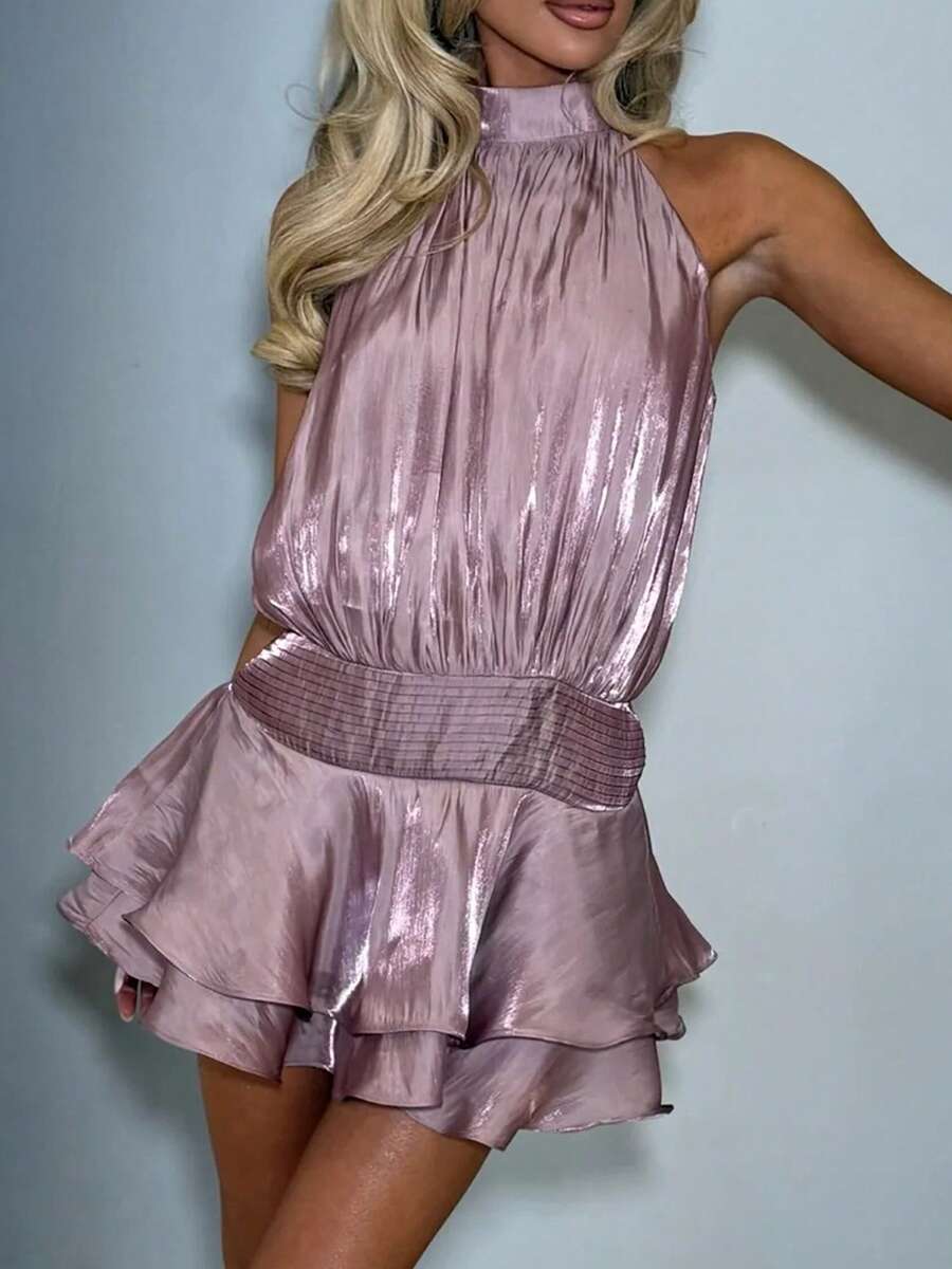 Women Mini Halter Neck Dress Pleated Sleeveless Open Back A-Line Layered Ruffle Short Dress - Morado Violeta - Ver 1