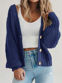 Women's Fall Chunky Knit Open Front Sweater Long Sleeve Button Loose Short Cardigan Outerwear Coats - 灰藍色 - 查看 1