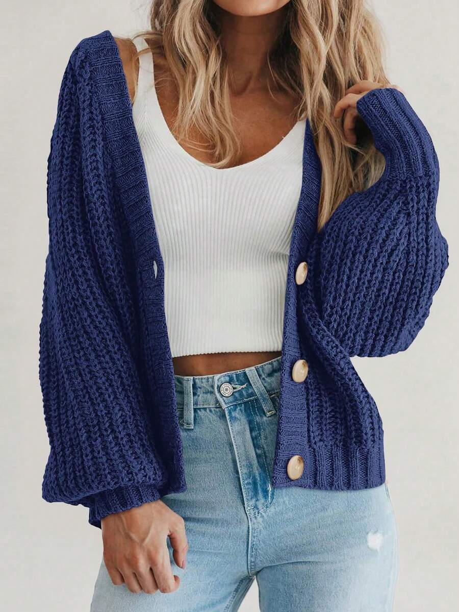 Women's Fall Chunky Knit Open Front Sweater Long Sleeve Button Loose Short Cardigan Outerwear Coats - 灰藍色 - 查看 1