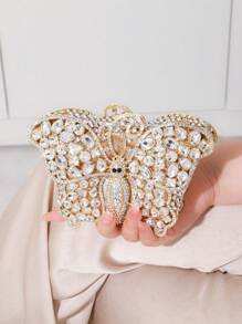 1 pezzo Clutch rigida artigianale a forma di farfalla con cristalli, clutch da sera personalizzata alla moda con strass, clutch di lusso scintillante per matrimoni e feste, elegante portafoglio da donna con catena e cristalli, adatto per contenere rossetti, ideale per signore in occasioni formali come raduni, balli, matrimoni e feste. (Non adatto per contenere telefoni)