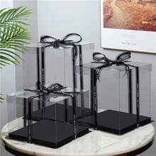 1 个派对节日礼品盒，1/2/3 层礼品收纳盒 4 合 1（包含 1 个 2.5 厘米宽的随机黑色丝带），适用于生日派对、婚礼蛋糕、花束、收藏品、零食、礼物、万圣节、圣诞节、情人节、母亲节、感恩节 - 黑色 - 查看 4