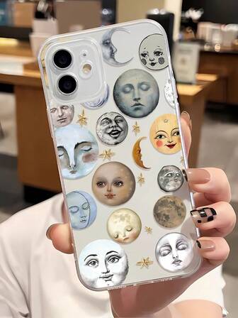 1pc Fashionable Personalized Star & Moon Collage Aesthetic Pattern Full Coverage TPU Phone Case Compatible With IPhone 16/16Pro/16Plus/15/15ProMax/15Pro/11/12/13/14ProMax/12Mini/13Mini/11Pro/11ProMax/12Pro/12ProMax/13Pro/13ProMax/14Pro/14ProMax, Soft Shell, High-End Creative Design